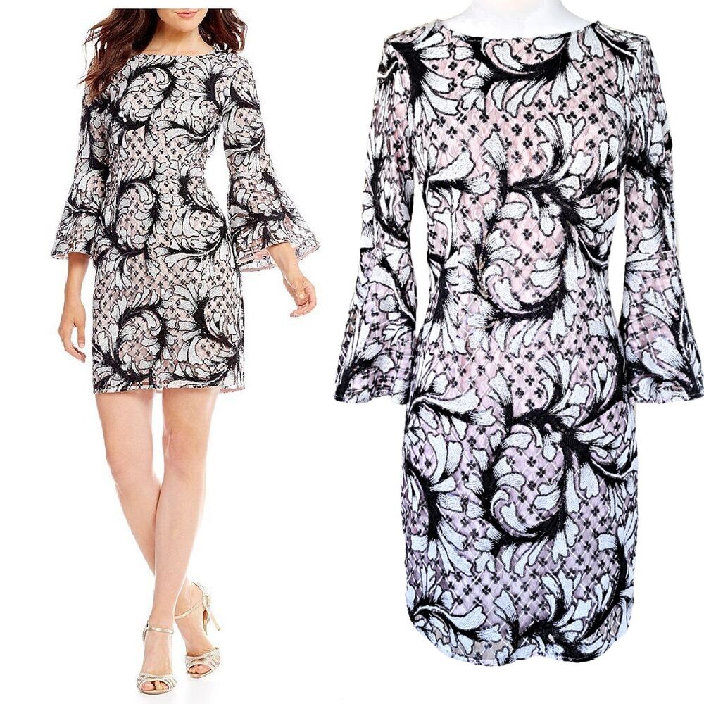 Belle Badgley Mischka Embroidered Lace SequinBell Sleeve Party Dress  Pink Black